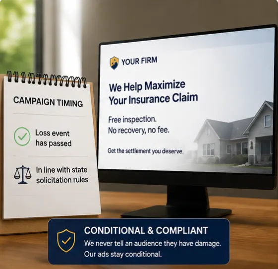 Compliance-aware timing. Campaign timing checklist beside a public adjuster landing page, compliance-aware timing for public adjuster ads after a loss event