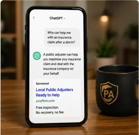Conversation-intent placements Phone showing a ChatGPT conversation with a sponsored public adjuster ad, conversational intent placements for public adjuster PPC