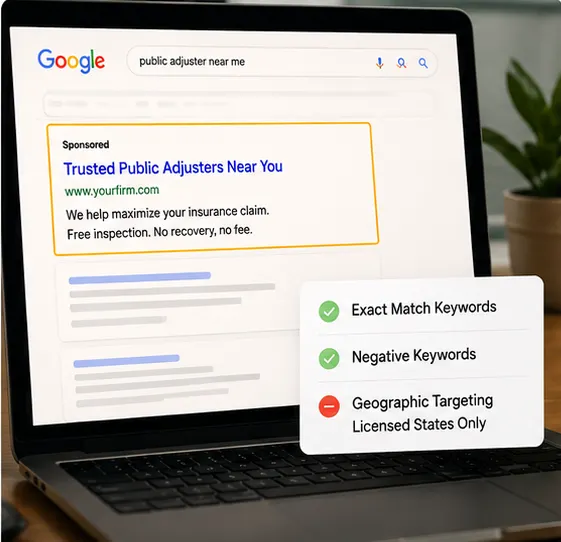 Google Search ads Laptop showing a Google Search ad for public adjusters with exact match keywords, negative keywords, and licensed-state geographic targeting
