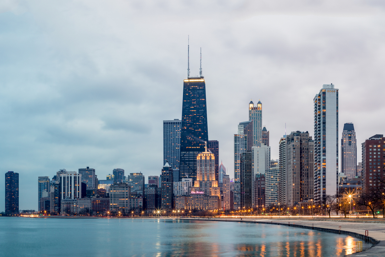 Skyline of downtown Chicago at dusk, Illinois, United States Public Adjuster Marketing Chicago