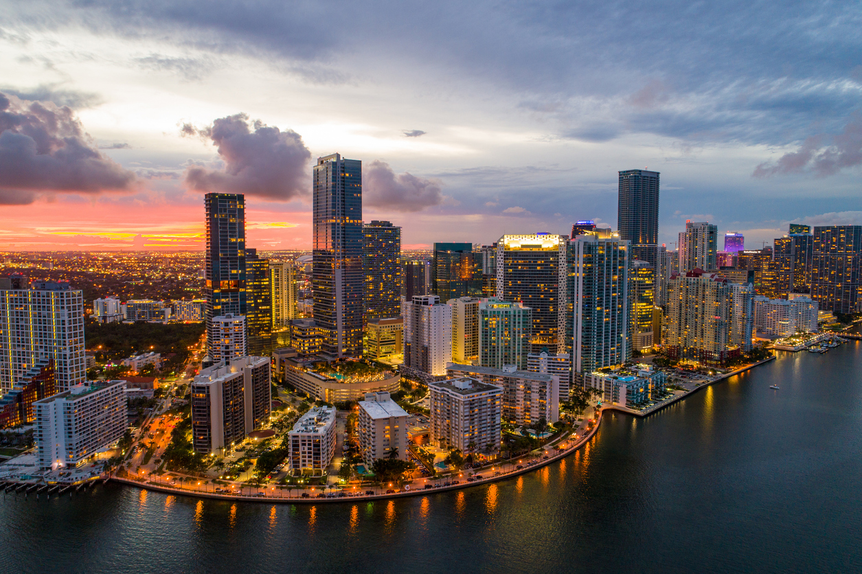 Aerial twilight Brickell Miami Florida USA Public Adjusting Marketing Miami