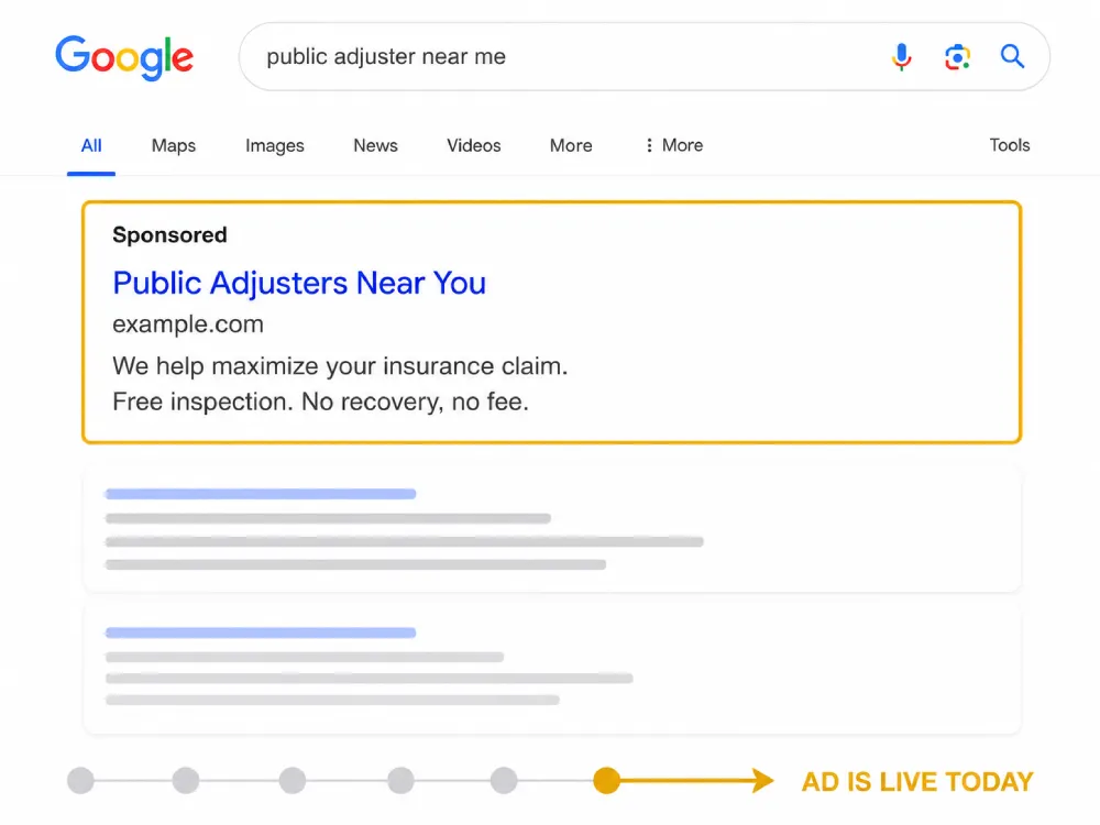 Public Adjusting Pay Per Click Advertising-2 Google search results with a sponsored public adjusters near you ad, public adjusting pay per click advertising