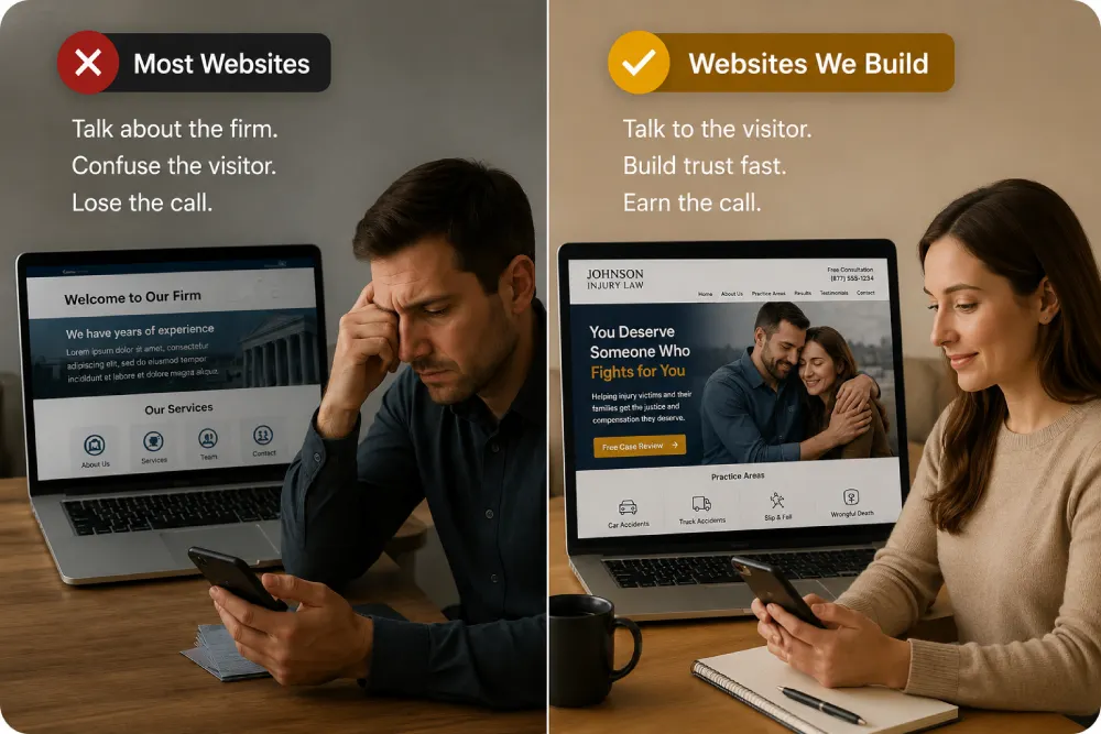 Public Adjusting Website Design-3 Side by side comparison of a confusing firm-first website and a visitor-first public adjuster website that builds trust and earns the call