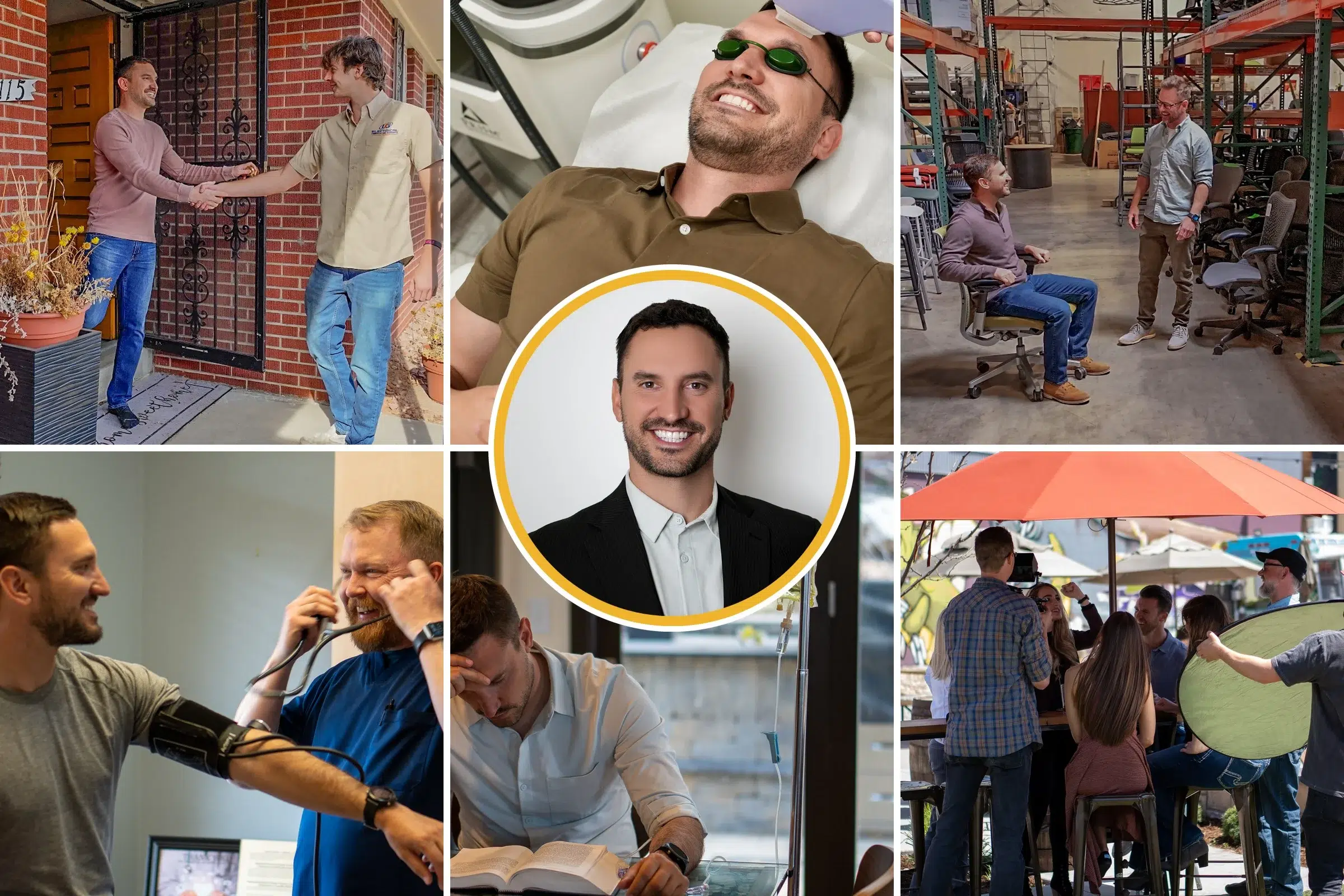 Photo collage of Rob, founder of Public Adjusting Marketing, meeting clients and working in the field